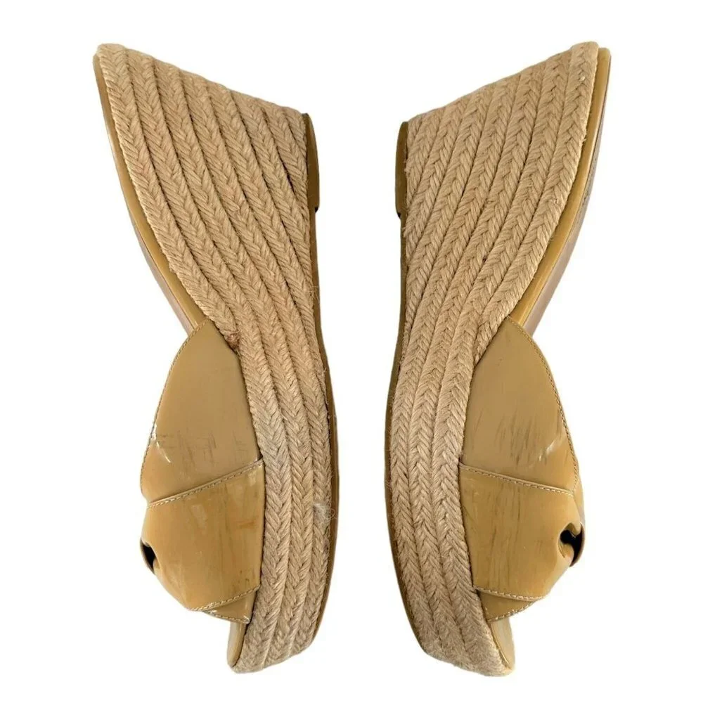 VALENTINO Camel Tan Patent Leather Bow Peep Toe Espadrille Mules Size 40